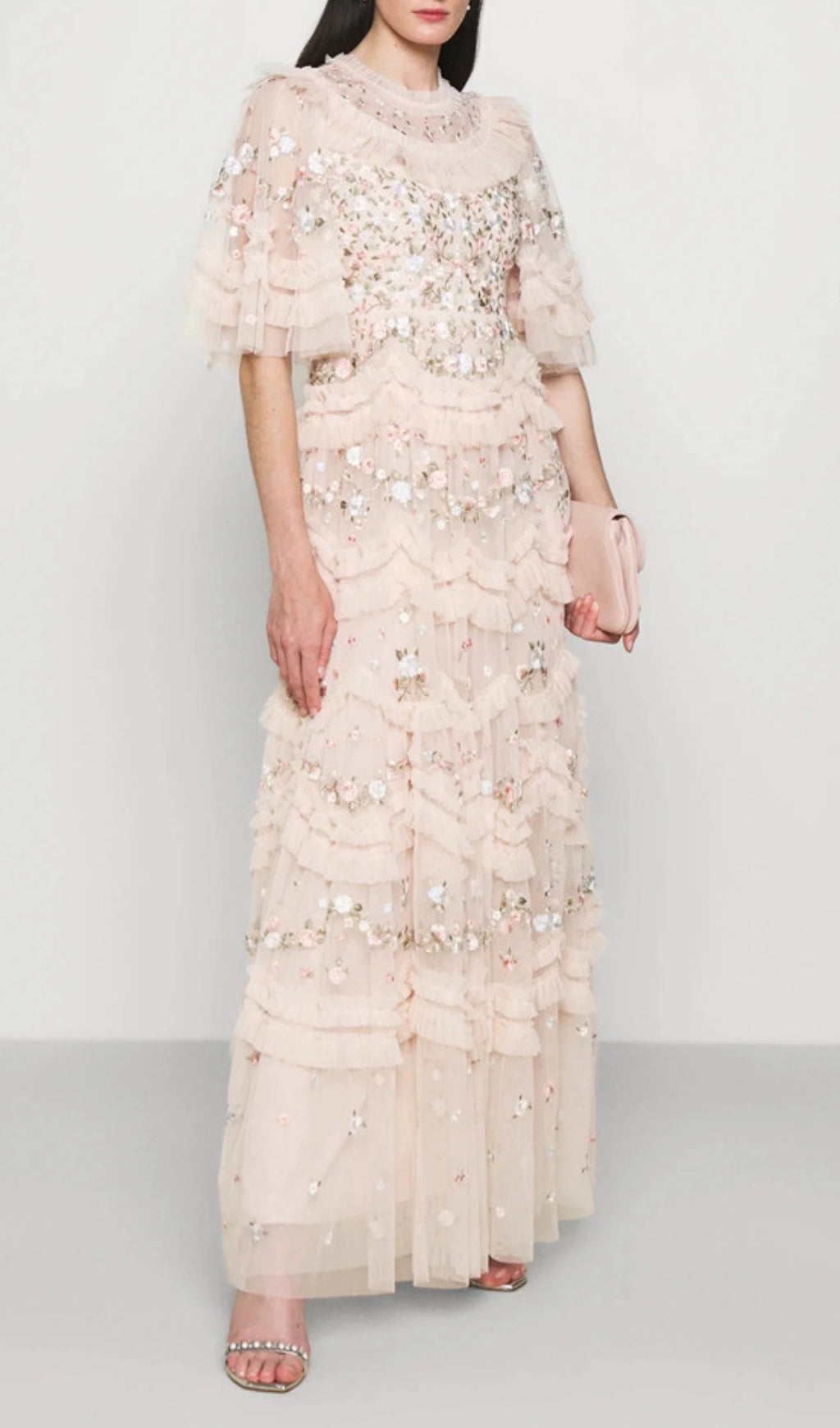 Enchanted Garden Floral Embroidered Ruffle Tulle Maxi Dress