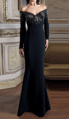 Denita Sparkle & Shine Black Crystal Off-Shoulder Maxi Gown