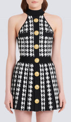 Fusayo Bold Houndstooth Halter Mini Dress with Gold Buttons