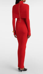 Carwen Red Ribbed Knit Cross-Over Maxi Dress