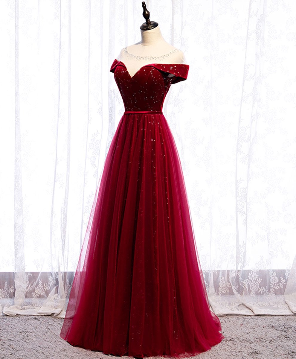 Vestido de fiesta largo de tul rojo vino con terciopelo 