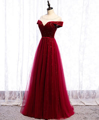 Vestido de fiesta largo de tul rojo vino con terciopelo 
