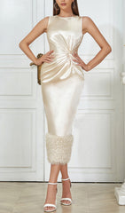 Accalia Luminous Apricot Satin Feather Trim Midi Dress