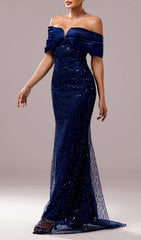 Dorit Navy Off-Shoulder Sequin Maxi Gown
