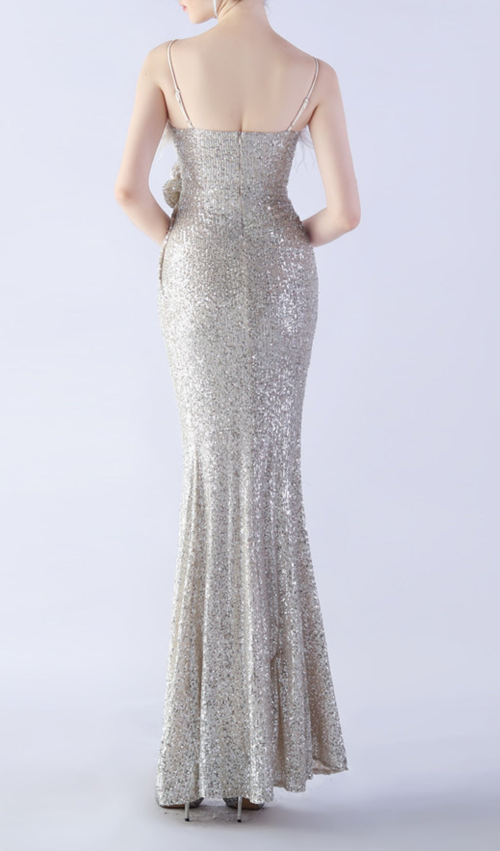 Dazzling Silver Sequin Feather Maxi Dress with High Slit & Rosette
