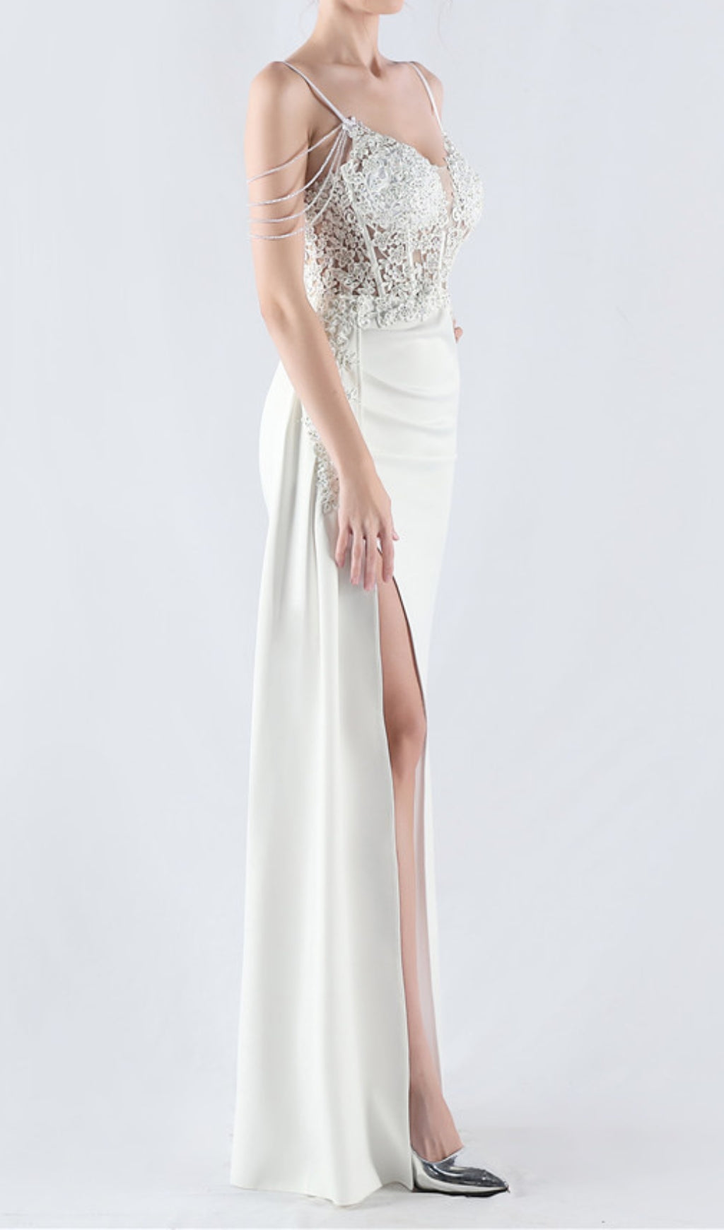 Chofa "Blossom" White Floral Beaded Corset Maxi Dress
