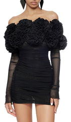 Bard Black Off-Shoulder Floral Ruffle Mesh Mini Dress