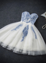 Lovely White Tulle Party Dress with Blue Applique