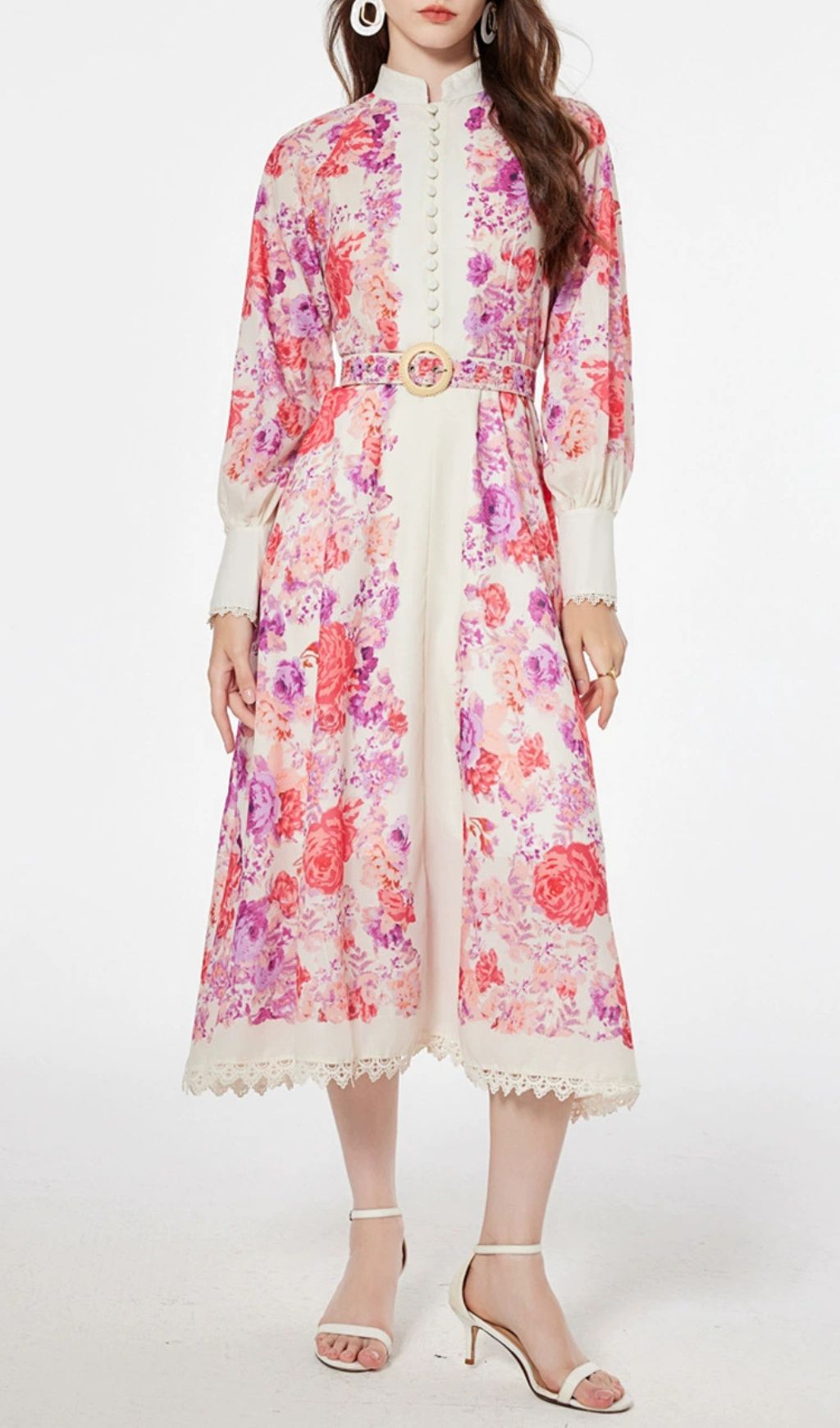 Jarl Elegant Pink Floral Long Sleeve Midi Dress