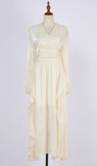 Ginger Shimmer Pink Ruffle V-Neck Long Sleeve Maxi Dress