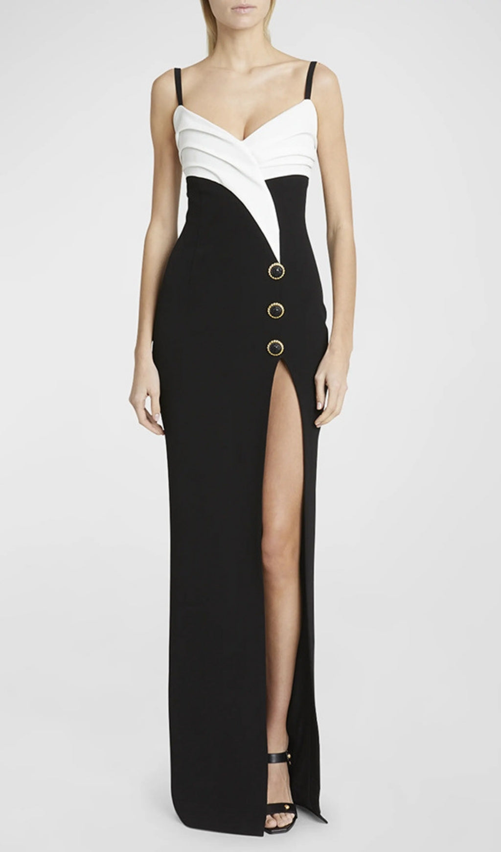 Elegant Black & White Tuxedo-Inspired Slit Maxi Dress