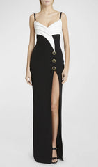 Elegant Black & White Tuxedo-Inspired Slit Maxi Dress