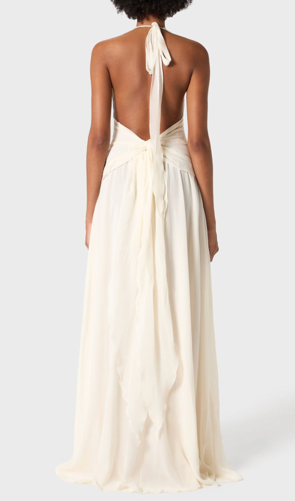 Elegant Ivory Halter Maxi Dress with 3D Floral & Ruffle Detail