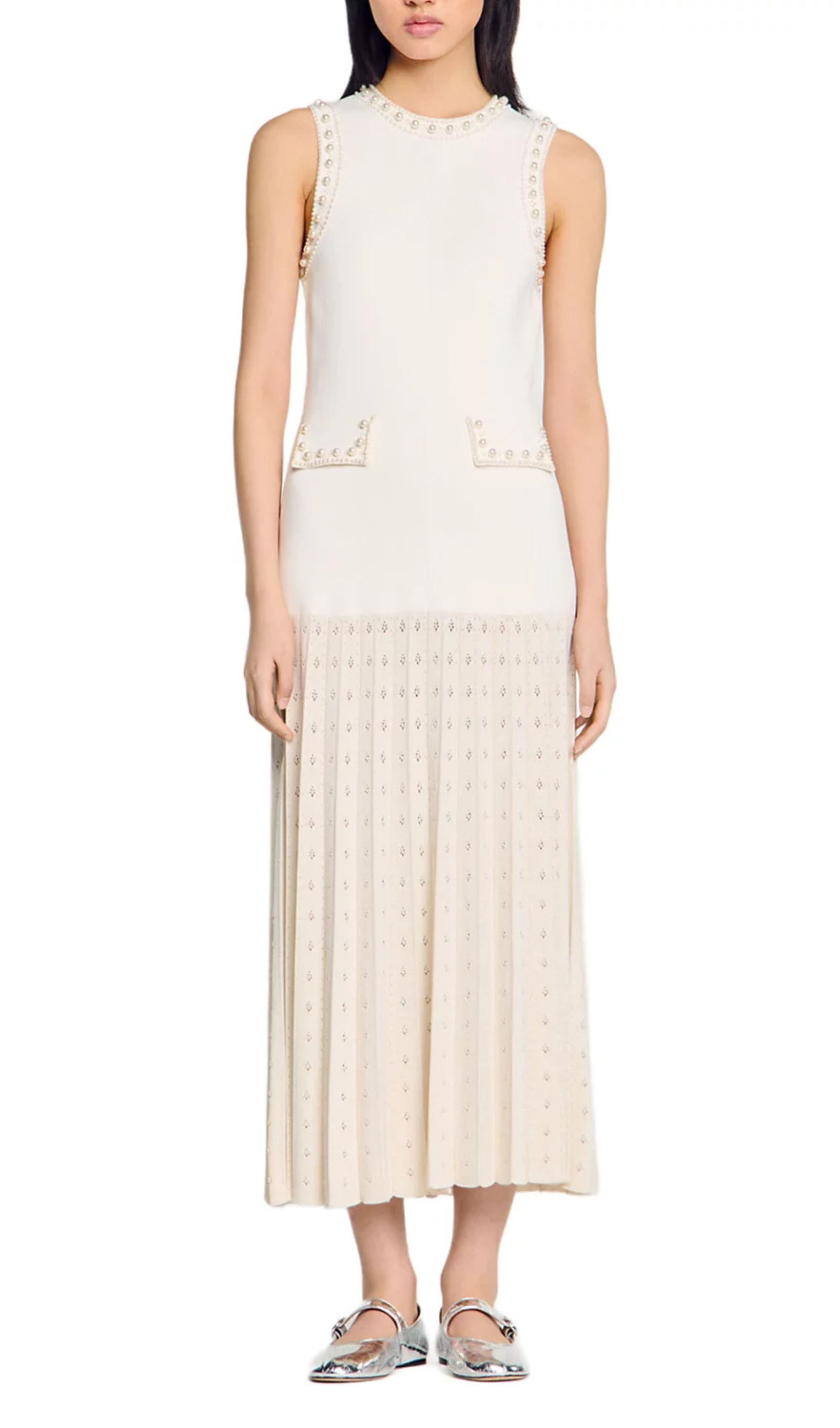 Elegant Pearl-Beaded Sleeveless Knit Maxi Dress for Women