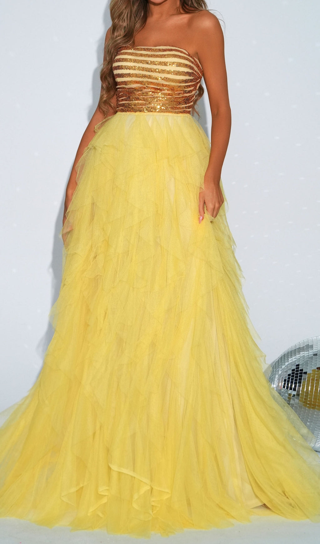 Dilana Yellow Sequin & Tulle Strapless Maxi Dress