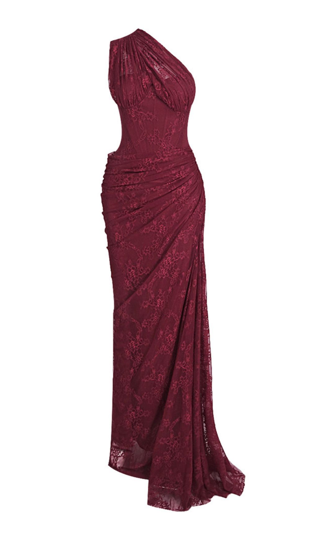 JoJo Wine Lace One-Shoulder Corset Maxi Dress