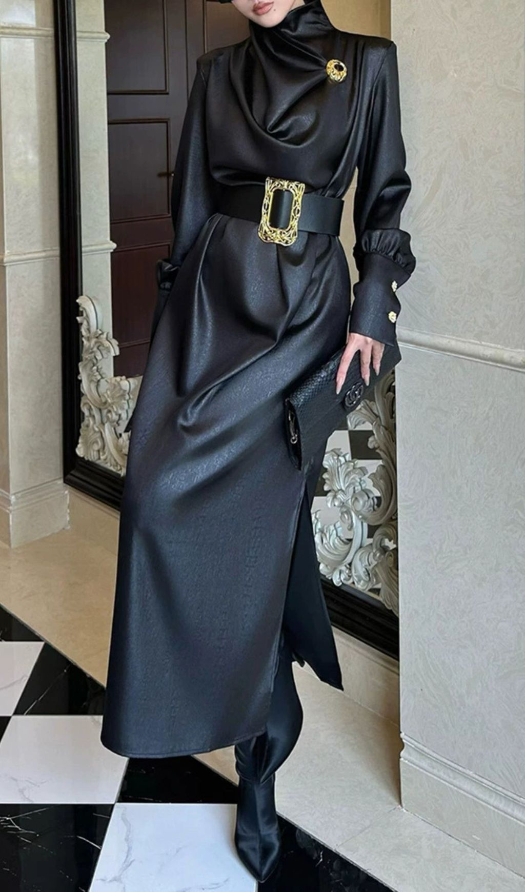 Imad Black Elegant Long Sleeve Belted Maxi Dress