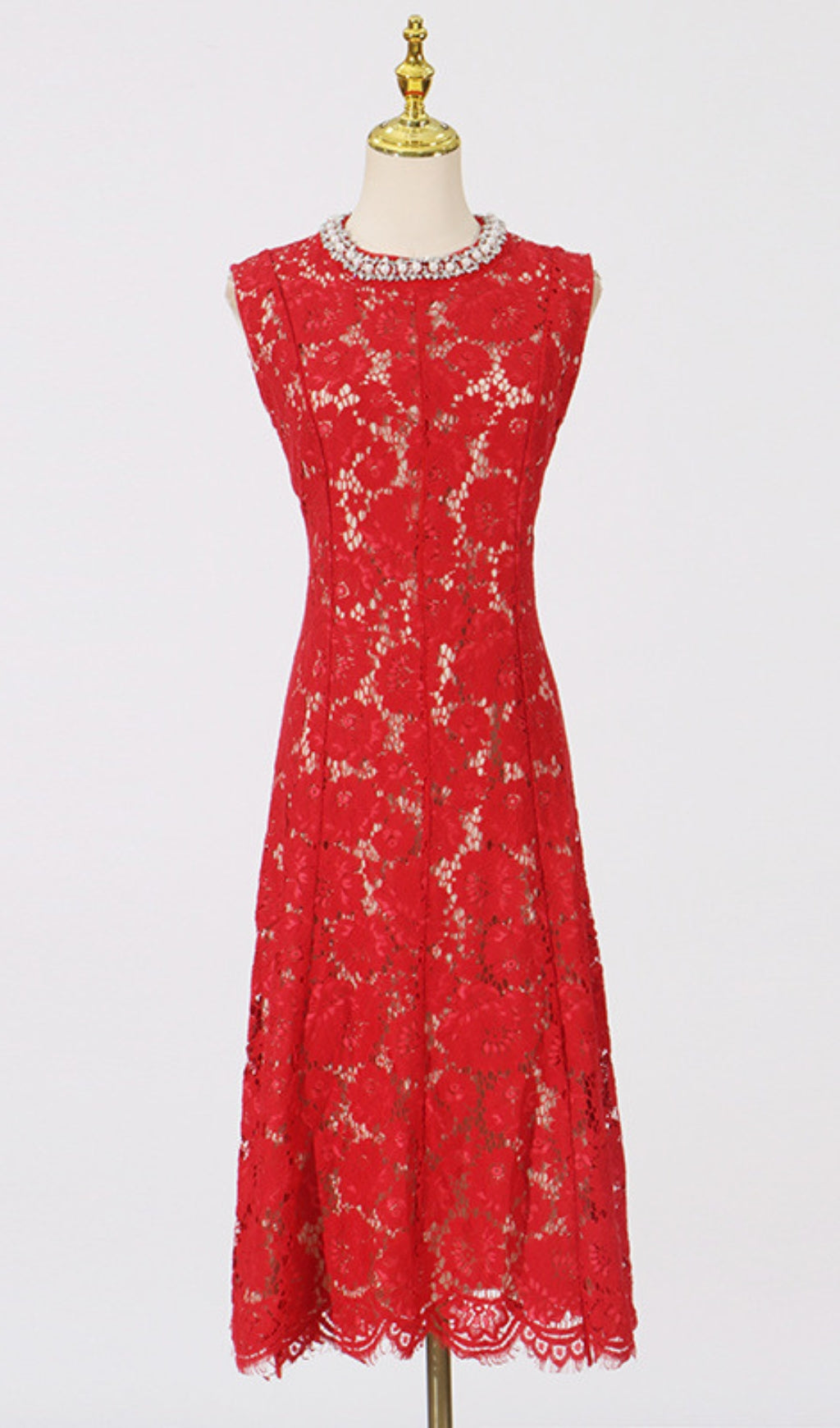 Chic Pearl & Crystal Trim Lace Midi Dress for Women