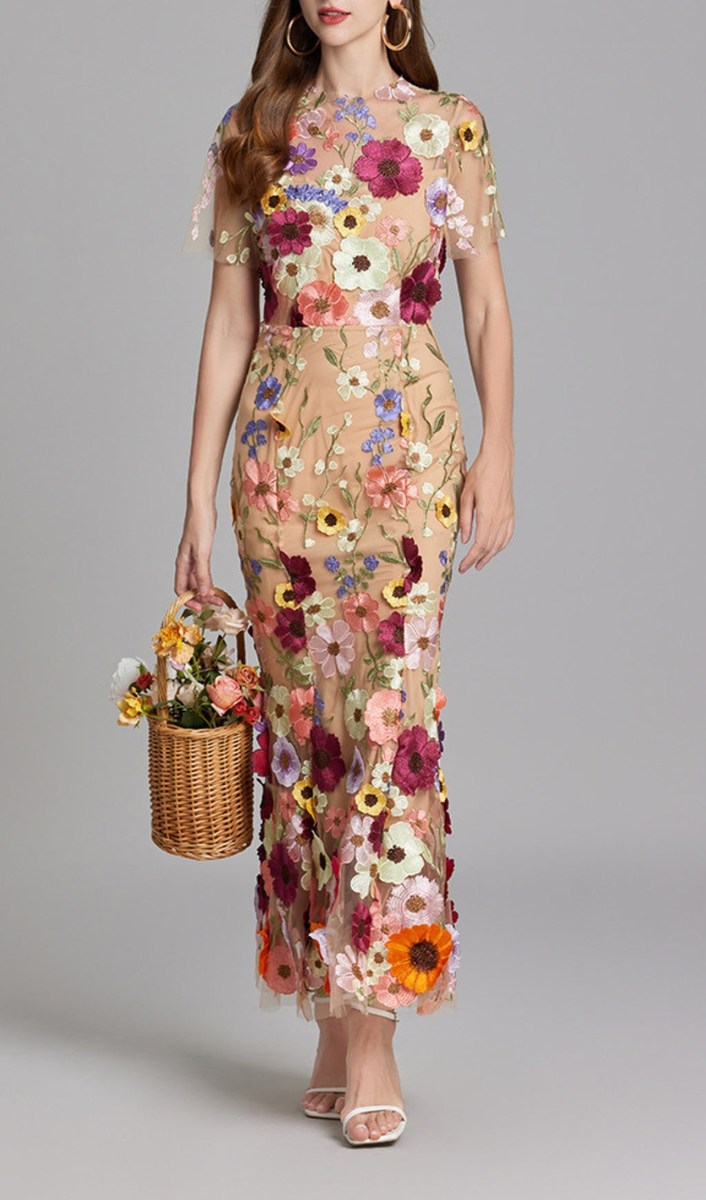 Elegant Floral Embroidered Mesh Fishtail Midi Dress