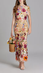 Elegant Floral Embroidered Mesh Fishtail Midi Dress