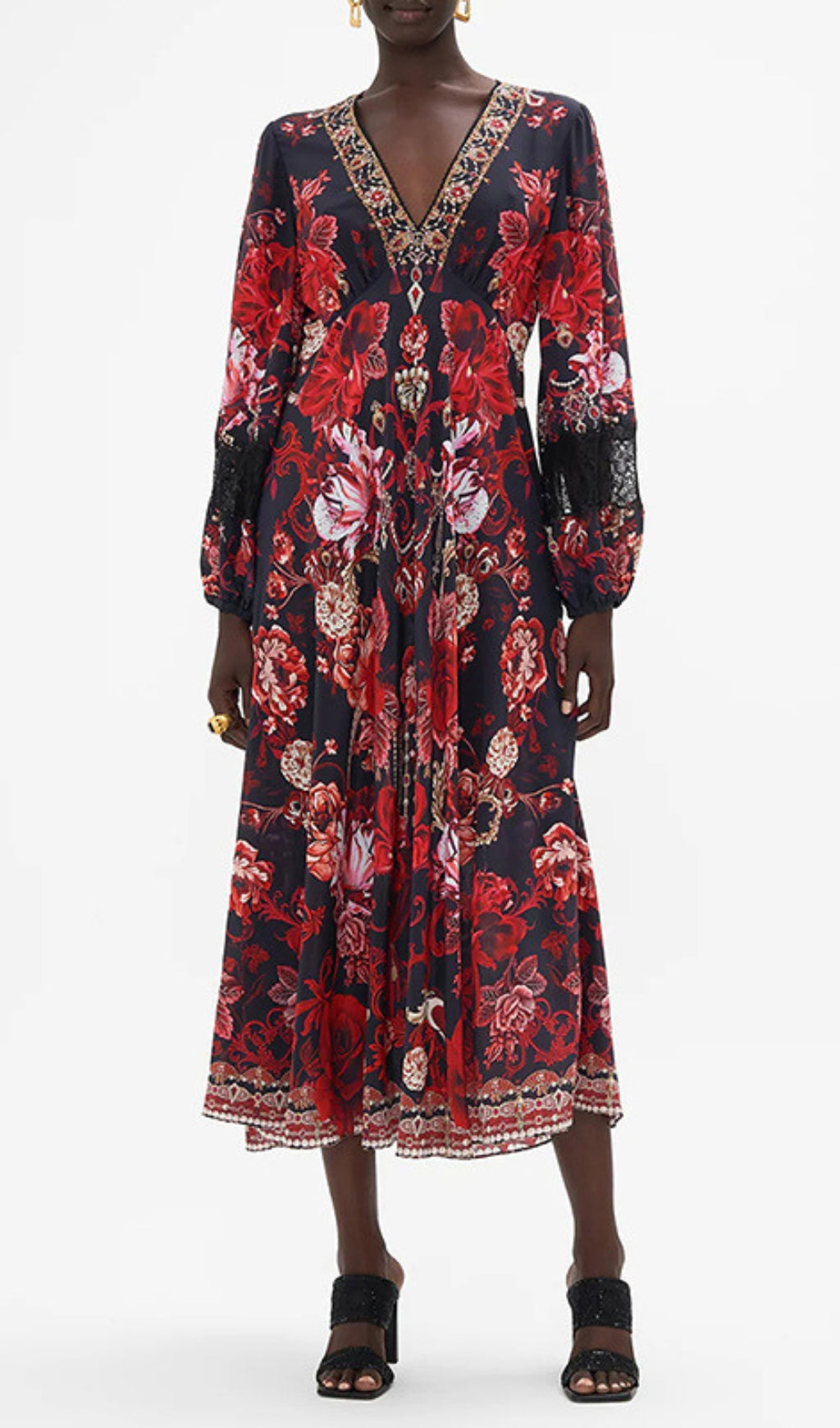 Davood Bohemian Red Floral V-Neck Midi Dress with Lace Cuffs