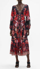 Davood Bohemian Red Floral V-Neck Midi Dress with Lace Cuffs