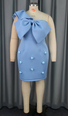 Baina Blue One Shoulder Bow Mini Dress