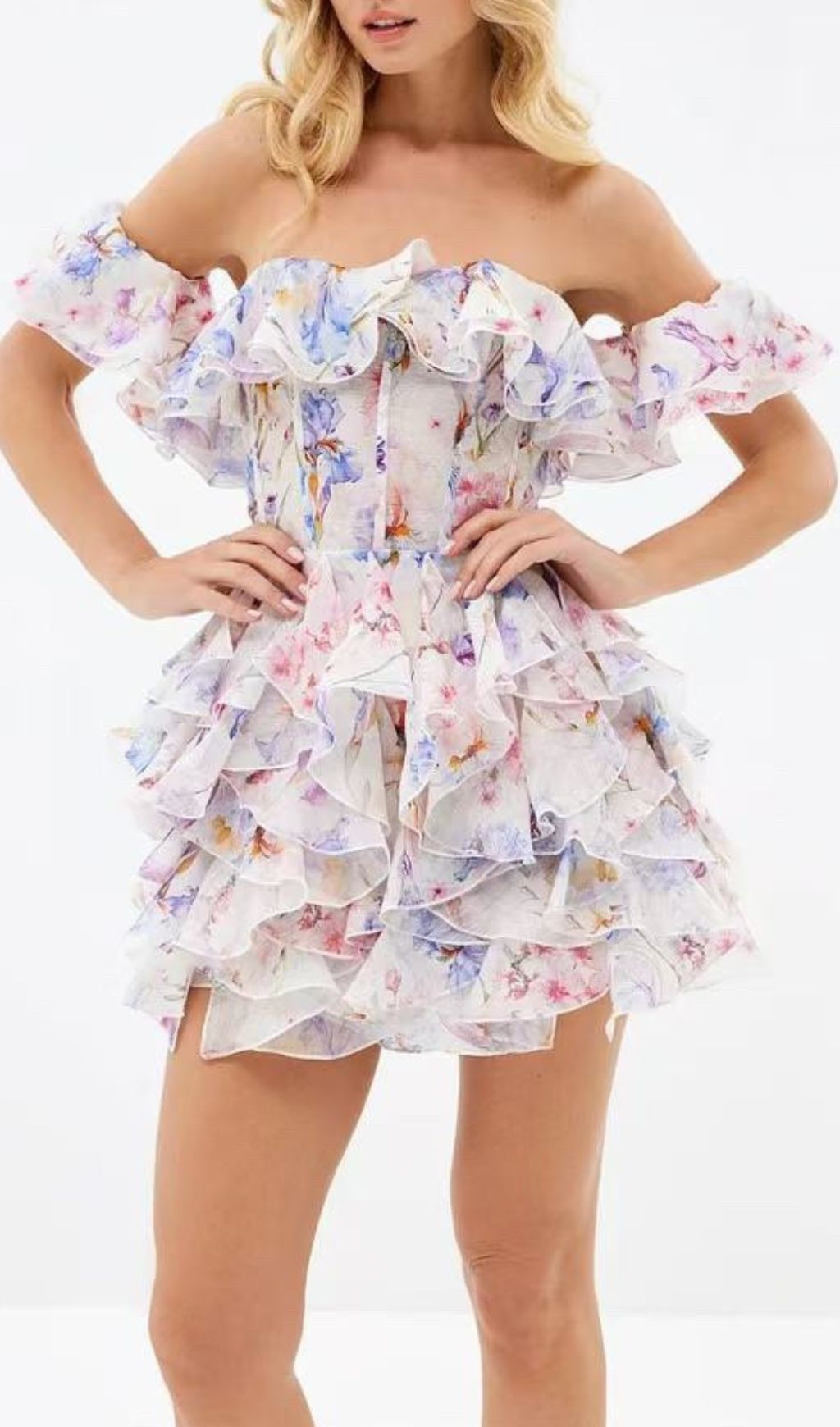 Enchanting Floral Ruffle Off-Shoulder Corset Mini Dress