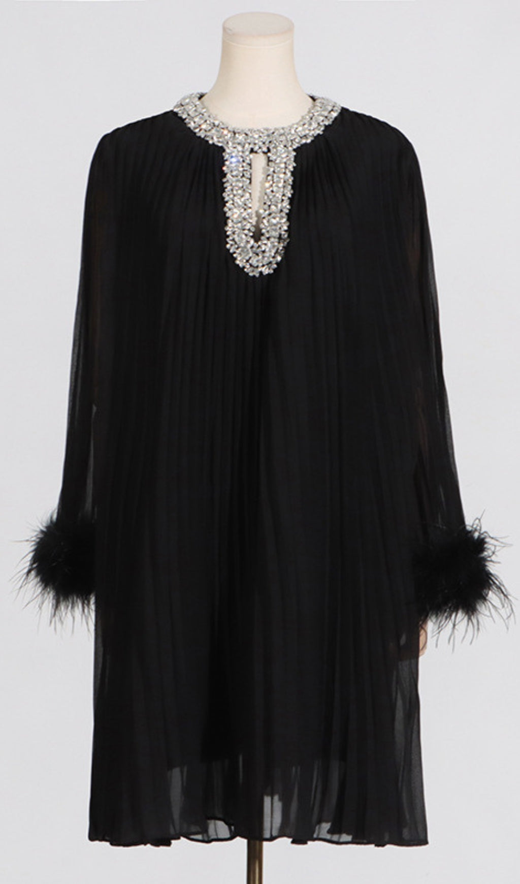 Dazzling Sky Blue Pleated Mini Dress with Feather Cuffs & Crystal Neckline