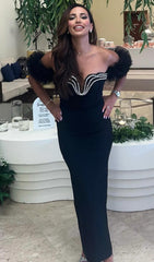 Cilicia Glamorous Black Crystal Ruffle Maxi Bandage Dress