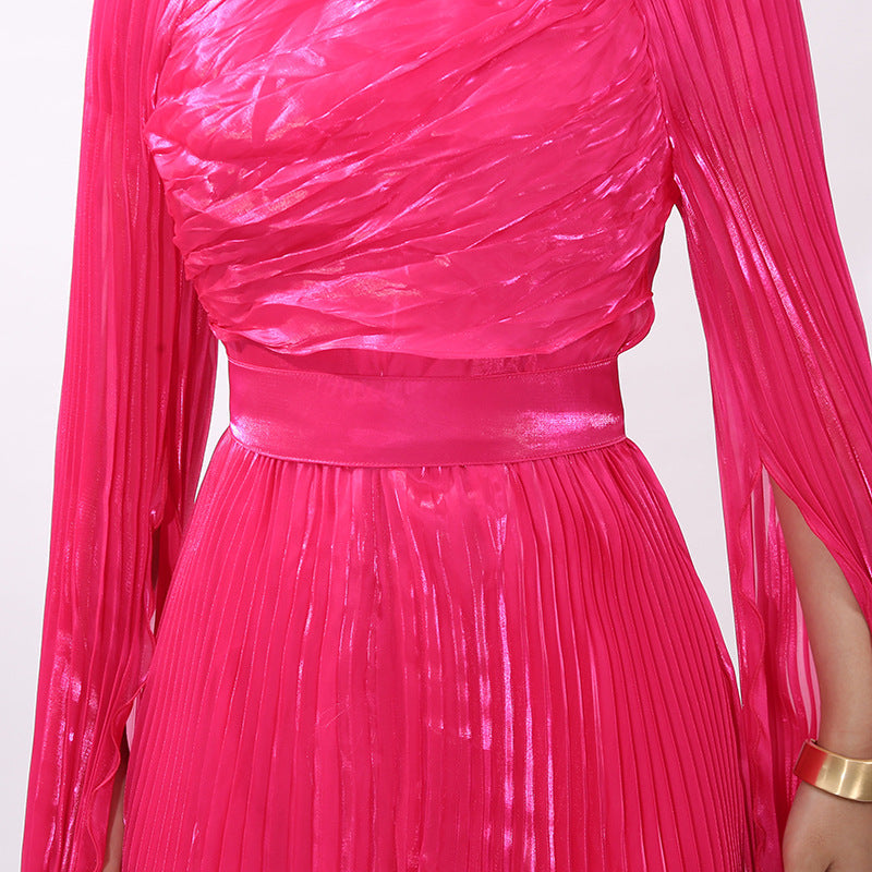 Hodaya Vibrant Pink Pleated Long Sleeve Maxi Dress