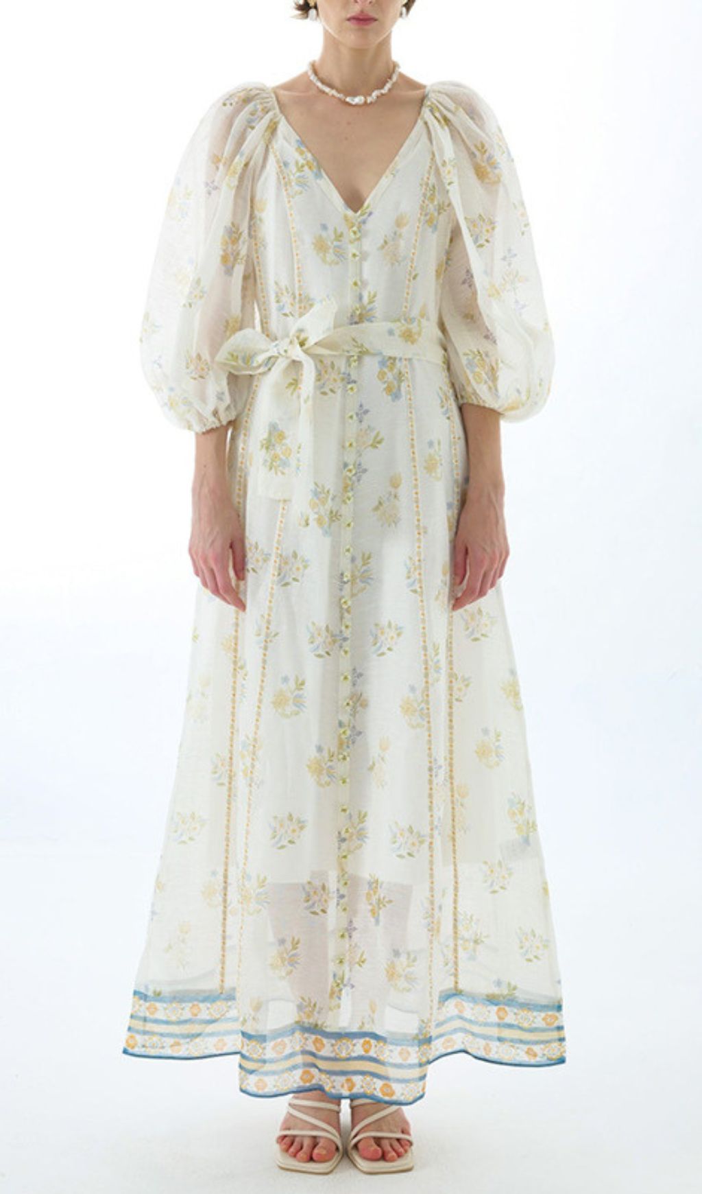 Jacobo Floral Puff Sleeve V-Neck Maxi Dress