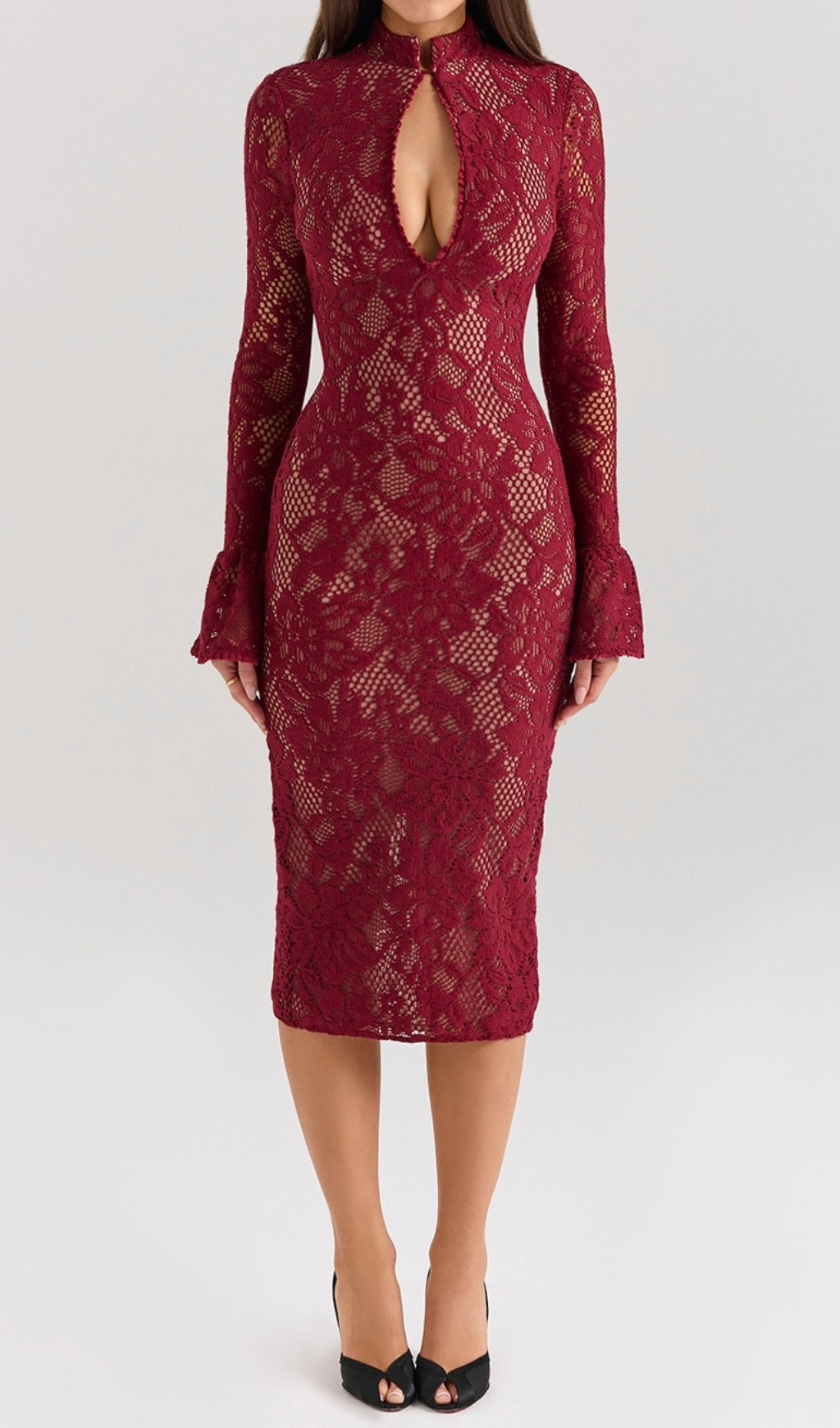 Elegant Red Lace Long Sleeve Midi Dress