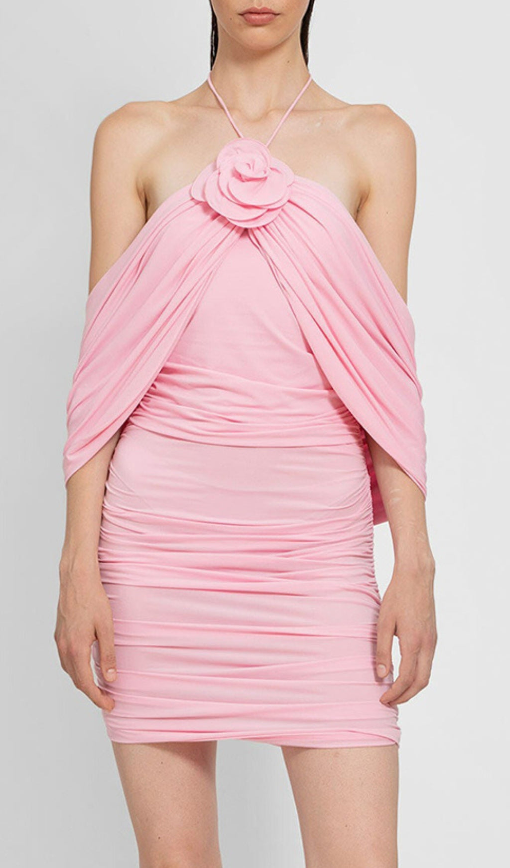 Rose Pink Floral Halter Ruched Mini Dress