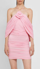 Rose Pink Floral Halter Ruched Mini Dress