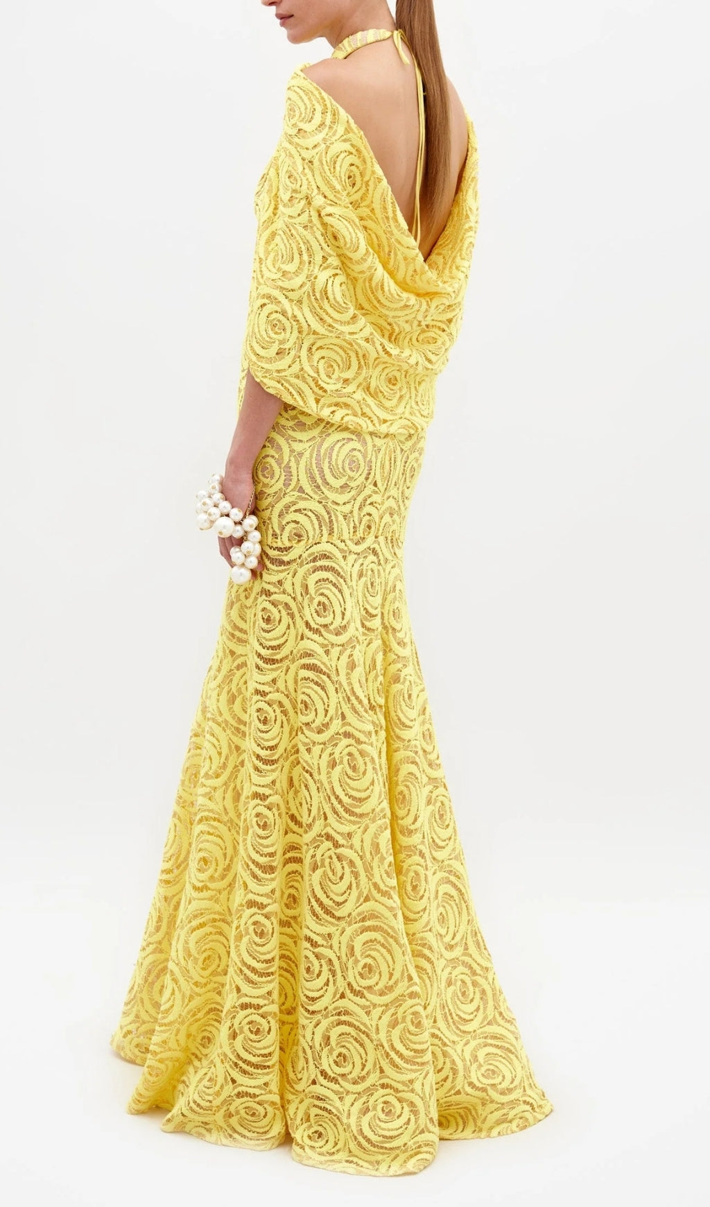 Earla Yellow Rose Lace Cloak Sleeve Maxi Gown