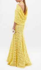 Earla Yellow Rose Lace Cloak Sleeve Maxi Gown