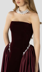 Exquisite Burgundy Velvet & Satin Strapless Maxi Gown with Pearl Accents
