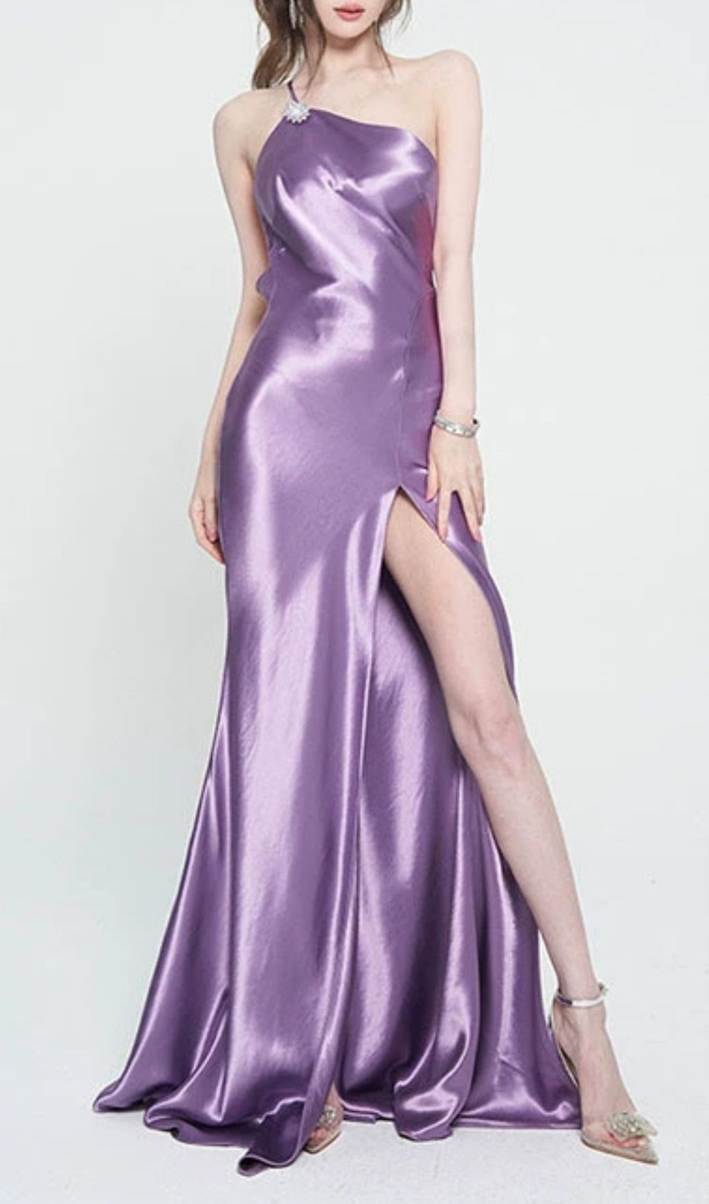 Faith Glamorous Purple Satin Halter Backless Maxi Gown with Thigh Slit