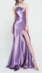 Faith Glamorous Purple Satin Halter Backless Maxi Gown with Thigh Slit