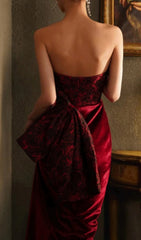 Chainey Wine Red Rose Embossed Velvet Strapless Maxi Gown