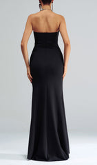 Catiche Women's Elegant Black Strapless Corset Maxi Dress with High Slit