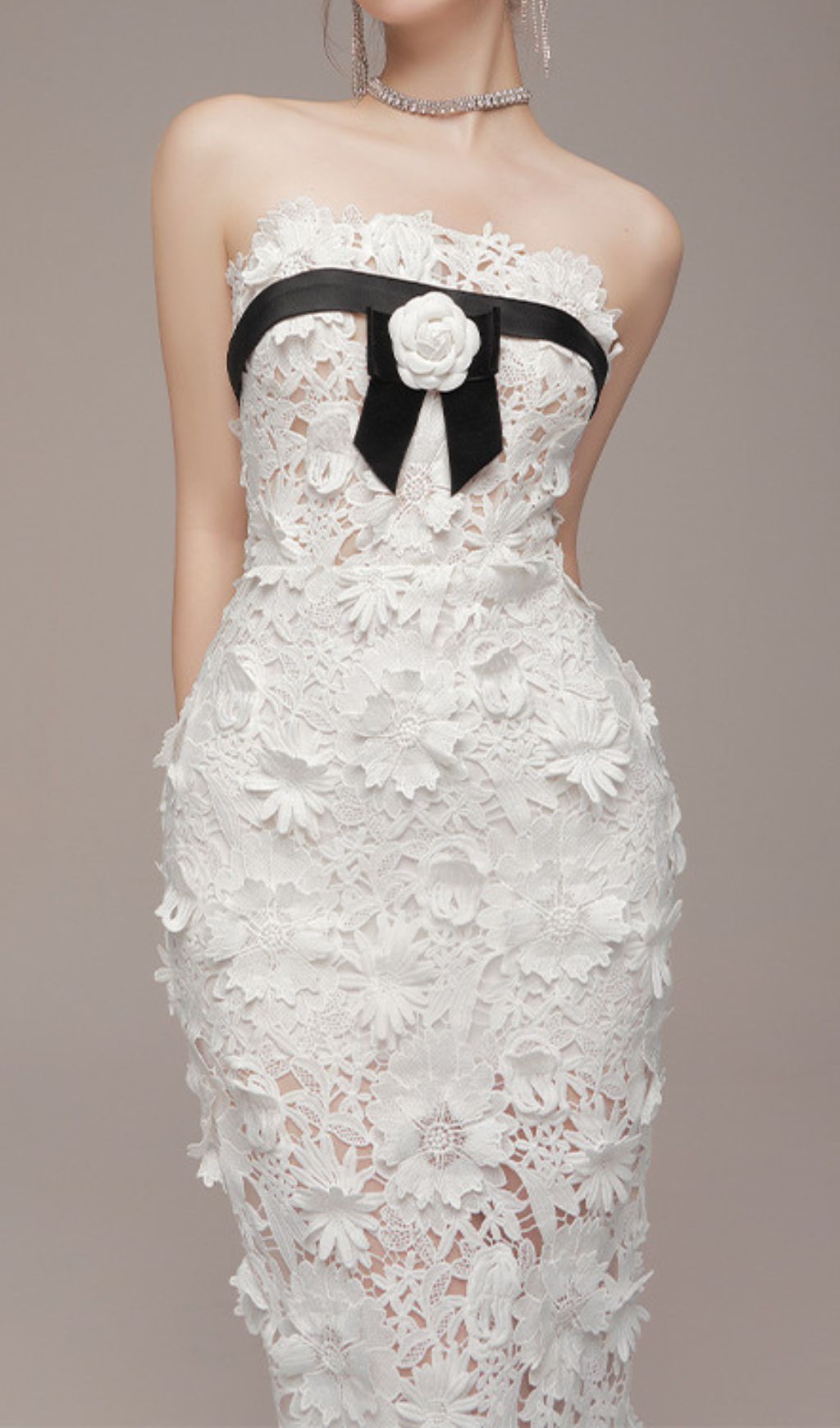 Eviana White Strapless 3D Floral Applique Maxi Dress with Black Bow