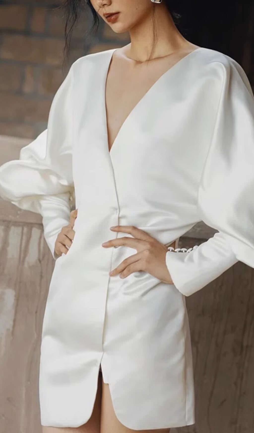 Coletta Luxe White Satin V-Neck Puff Sleeve Mini Dress