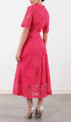Emirhan Vibrant Fuchsia Eyelet Lace Midi Dress