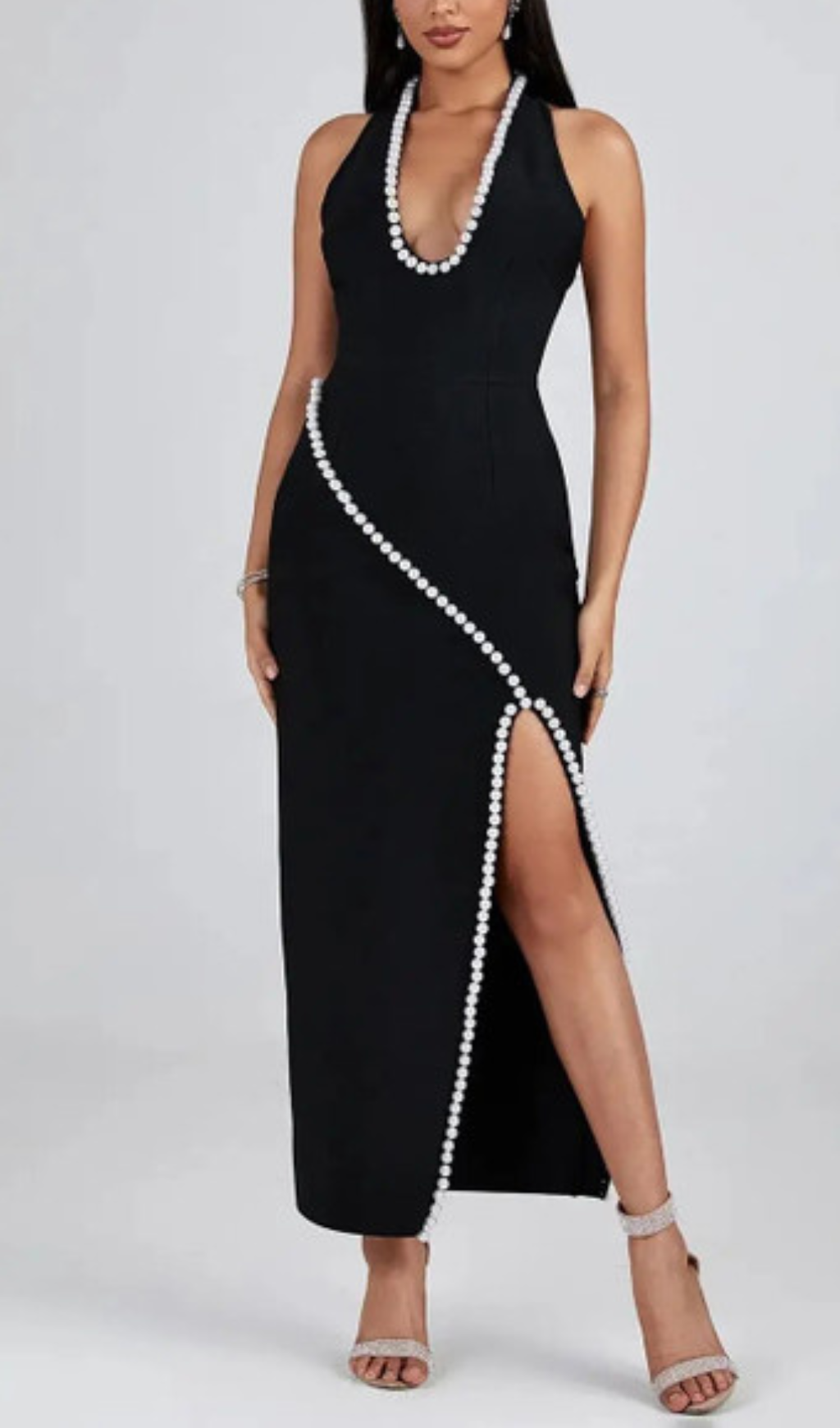 Aglaia Black Pearl Halter Maxi Dress with High Slit