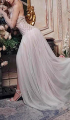 Jillian Glamorous Strapless Beaded Mesh Maxi Gown with High Slit