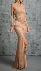 Genevra Glamorous One-Shoulder Lace Maxi Gown with High Slit
