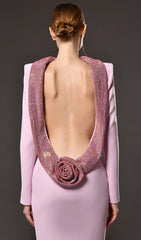 Daire Glamorous Sequin Rose Open-Back Long Sleeve Mermaid Gown