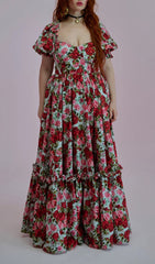 Eilidh Romantic Rose Floral Sweetheart Neck Puff Sleeve Maxi Dress